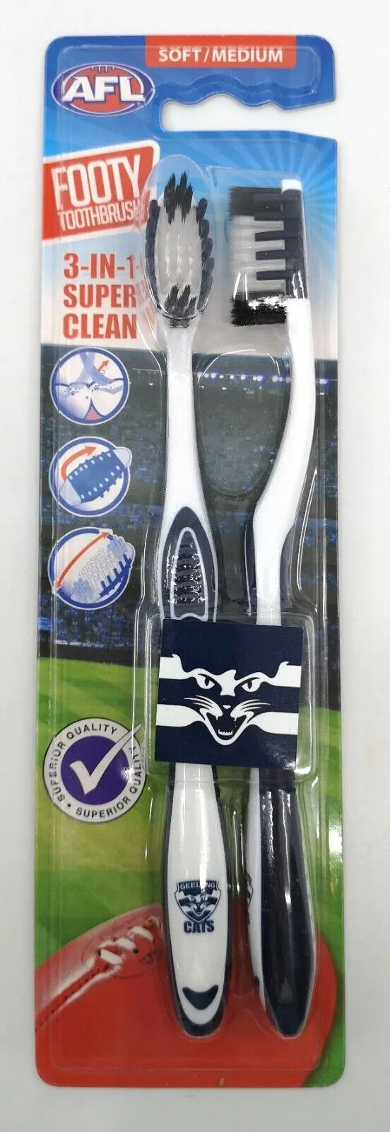 AFL Adult Toothbrush Twin Pack - Geelong Cats - Set of Two - Soft/Medium