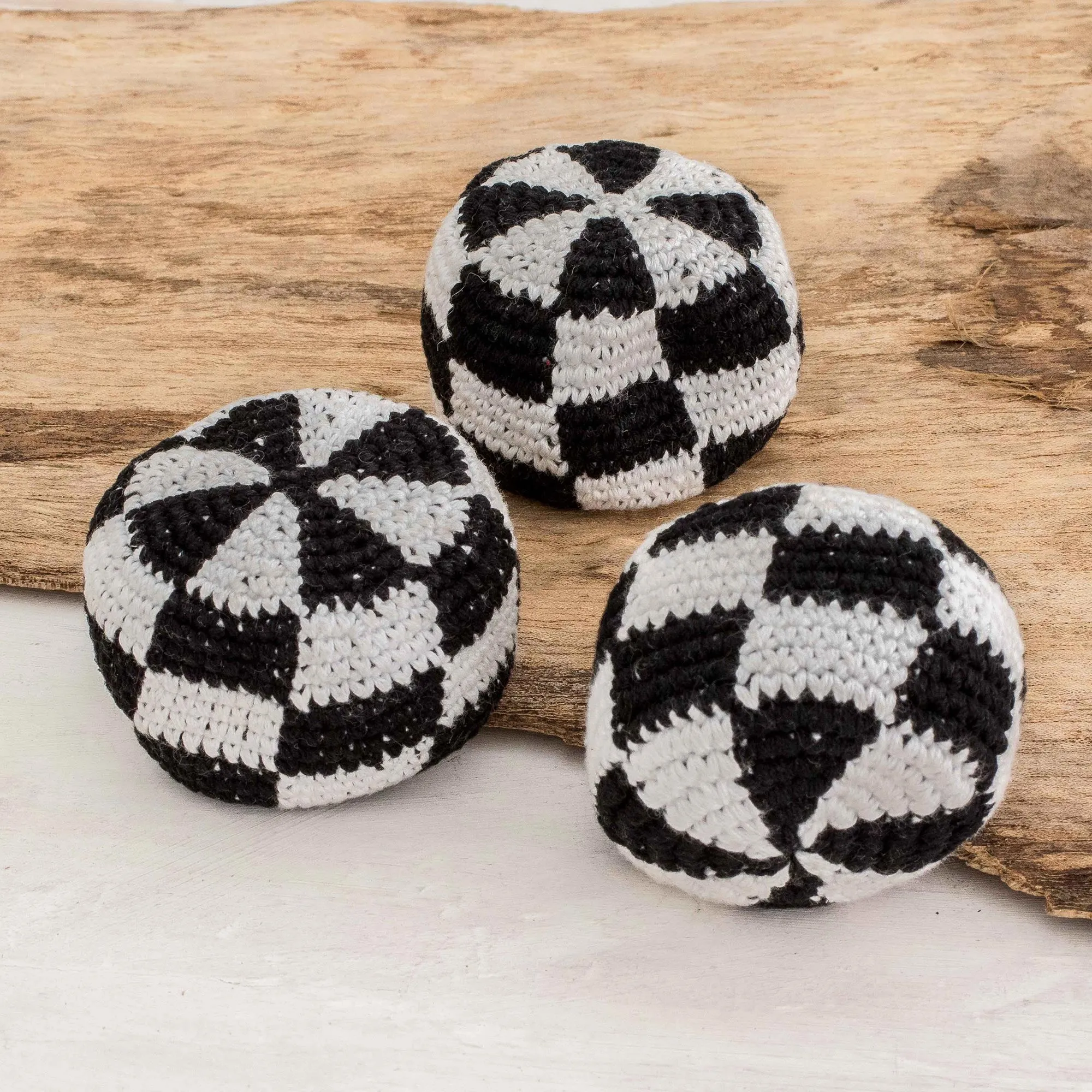 Black and White Check Hacky Sacks (Set of 3) - Checkers | NOVICA