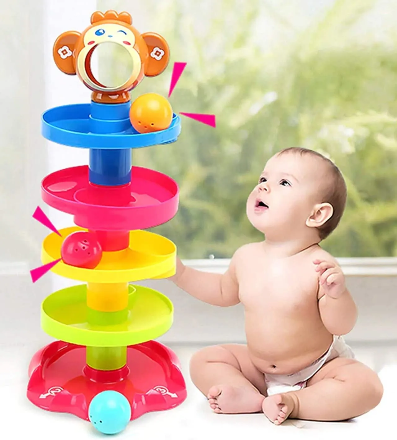 Goyal's Monkey Roll Ball Drop Toy for Babies & Toddlers, Heavy Plastic 5 Layer Tower Run with Swirling Ramps and 3 Rattle Balls, Best for Early Education & Development - Multicolour