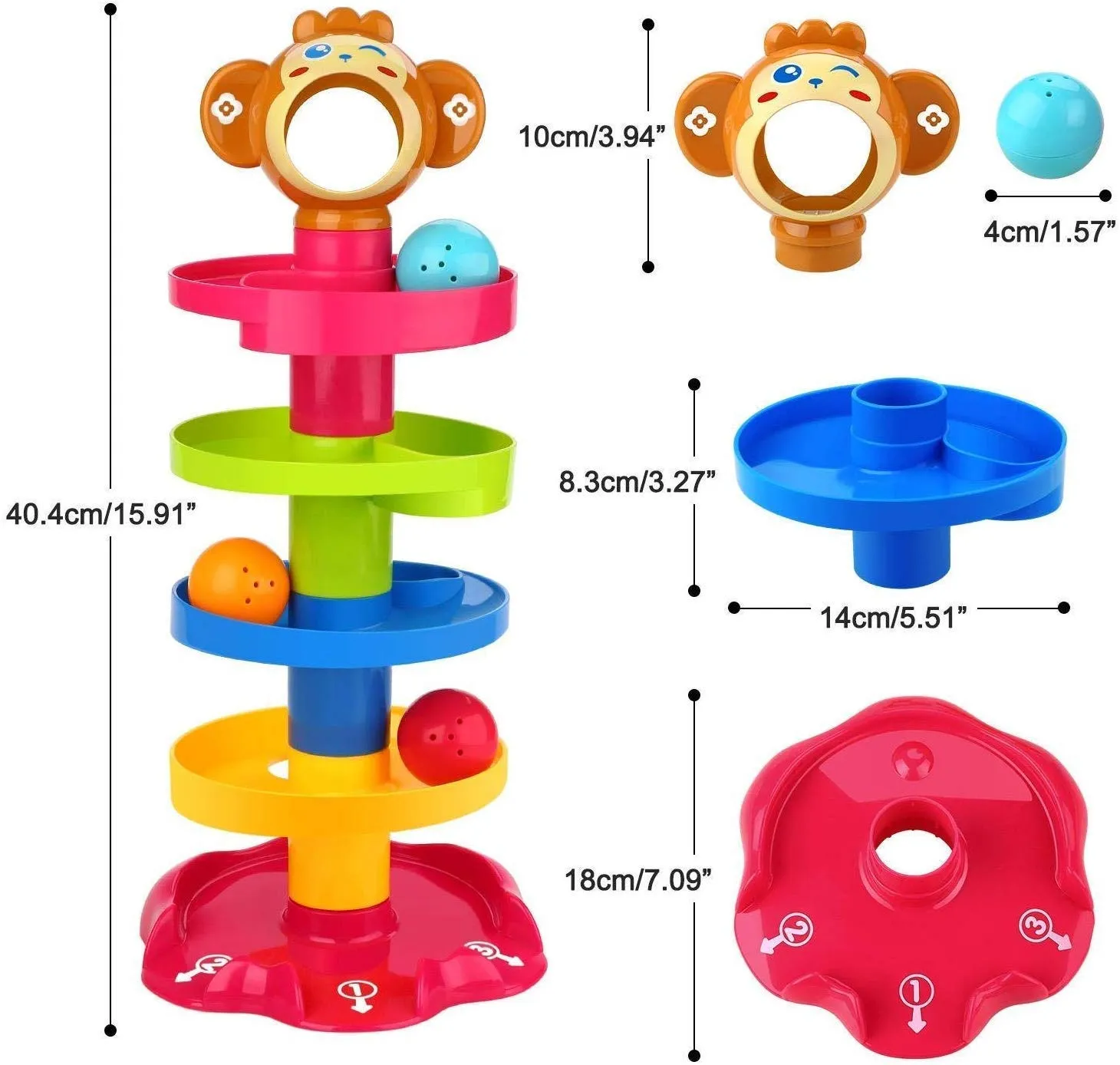 Goyal's Monkey Roll Ball Drop Toy for Babies & Toddlers, Heavy Plastic 5 Layer Tower Run with Swirling Ramps and 3 Rattle Balls, Best for Early Education & Development - Multicolour