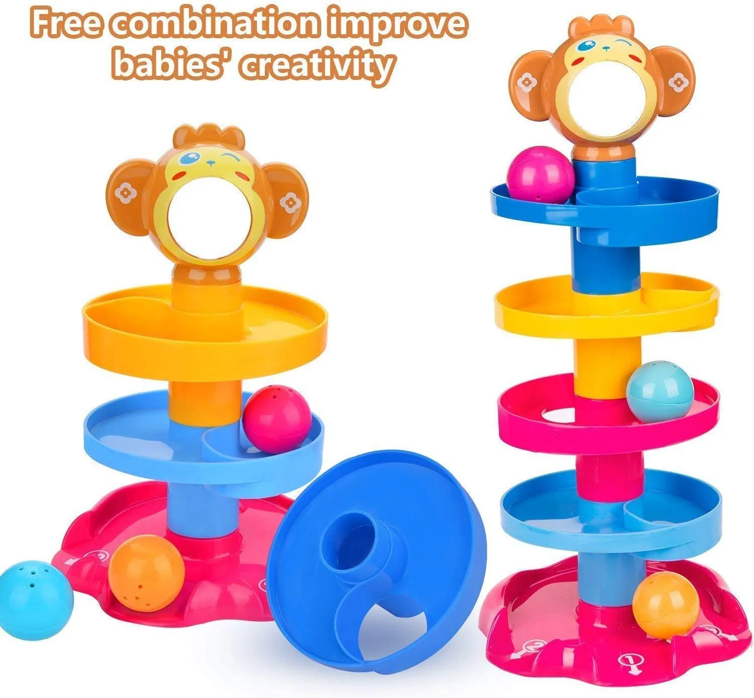 Goyal's Monkey Roll Ball Drop Toy for Babies & Toddlers, Heavy Plastic 5 Layer Tower Run with Swirling Ramps and 3 Rattle Balls, Best for Early Education & Development - Multicolour