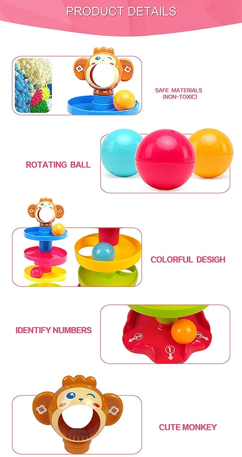 Goyal's Monkey Roll Ball Drop Toy for Babies & Toddlers, Heavy Plastic 5 Layer Tower Run with Swirling Ramps and 3 Rattle Balls, Best for Early Education & Development - Multicolour