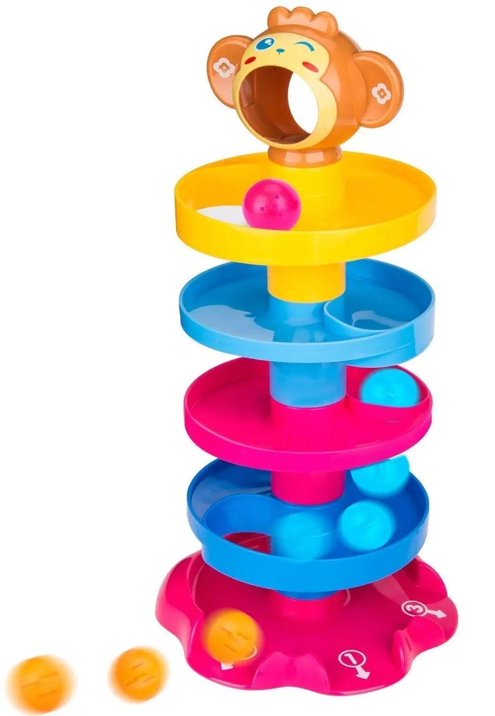 Goyal's Monkey Roll Ball Drop Toy for Babies & Toddlers, Heavy Plastic 5 Layer Tower Run with Swirling Ramps and 3 Rattle Balls, Best for Early Education & Development - Multicolour