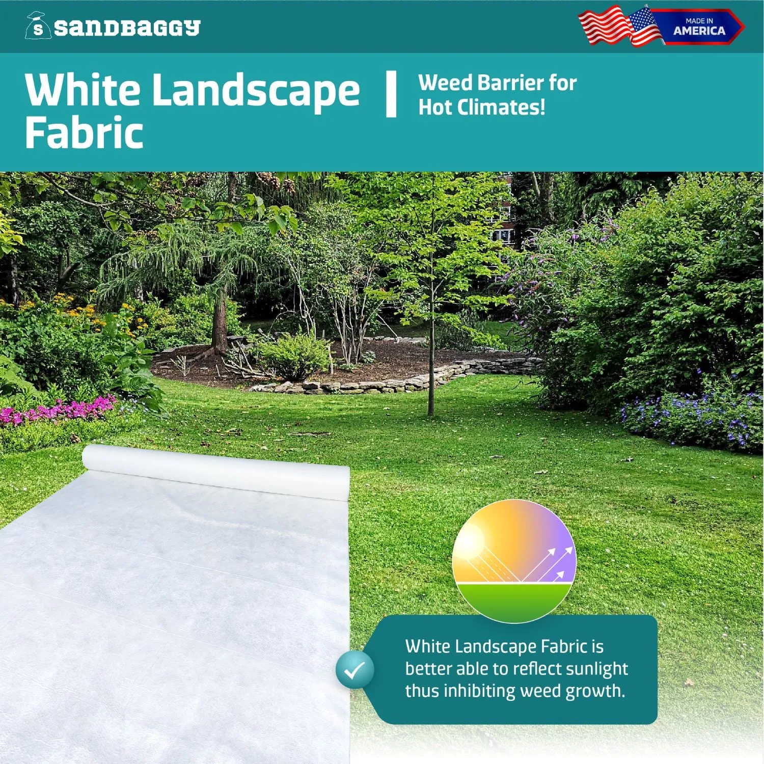 White Landscape Fabric (8 oz) - Ideal for Hot Climates - Weed Barrier, Ground Cover, Garden - Made in USA