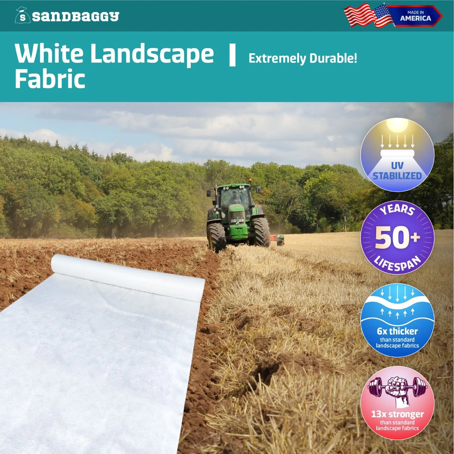 White Landscape Fabric (8 oz) - Ideal for Hot Climates - Weed Barrier, Ground Cover, Garden - Made in USA